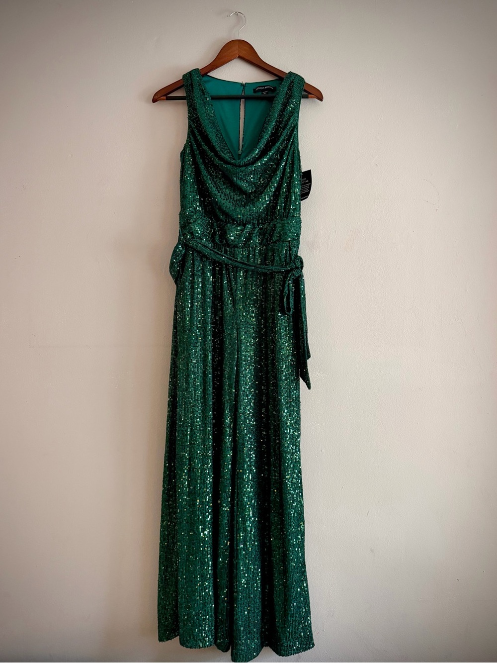 Boston Proper Sequin Cowl Neck Jumpsuit Deep Emerald Green XXS NWT Belted